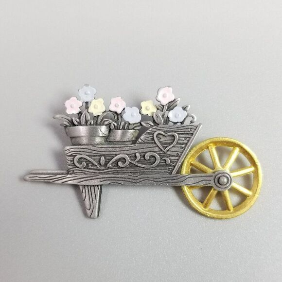 Vintage J J Flower Cart Brooch, Silver Tone with Moving Wheel Lapel Pin, Signed - Picture 7 of 7